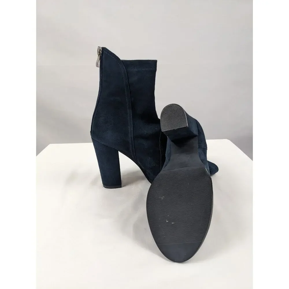 Alias Mae Revolve Booties Navy Blue Suede 9 40 Stretch Peep Toe Block Heel Zip